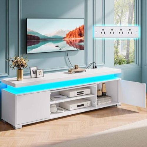 Greenstell Rotating and height-adjustable TV stand with LED light and charging station, White