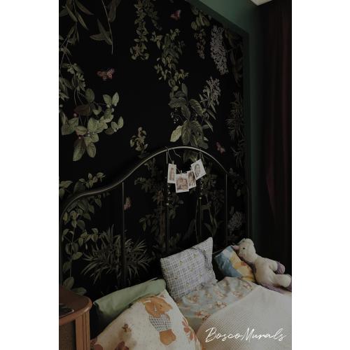 Dark botanical Gothic-Inspired mural for moody interiors, Removable floral wallpaper 133