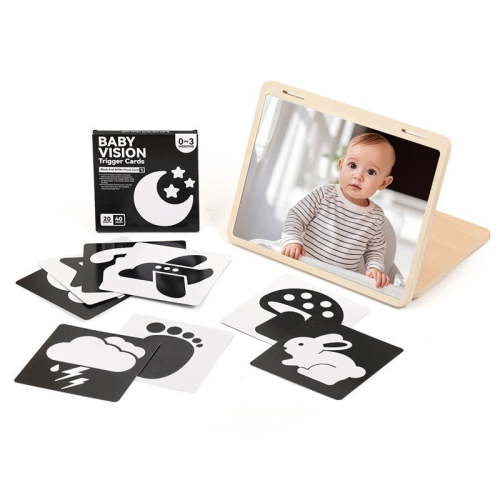 MMJ Foldable Floor Mirror with High Contrast Cards Wooden Stand for Infant Tummy Time Visual Play