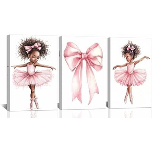 CHAOSETKEN 3 Pieces Black Ballet Girl Wall Art Ballerina & Pink Bow Canvas Prints Elegant Ballet Dancer Pictures African American Poster for Nursery Decor Frame (Pink,11.00" x 14.00" x 3PCS)