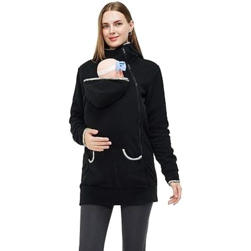 Women's Fleece Zip Up Maternity Kangaroo Baby Carrier Hoodie Sweatshirt Jacket