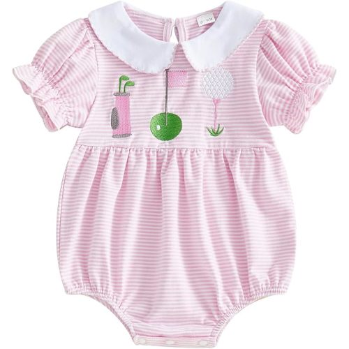 Newborn Baby Girl Clothes Soccer/Golf/Football Striped Puff Short Sleeve Jumpsuit Smocked Bubble Outfit