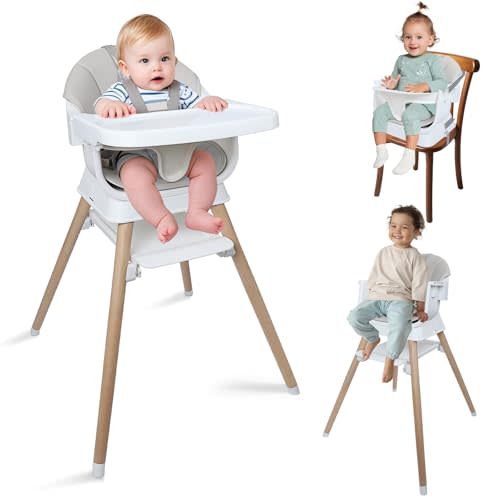 9 in 1 Convertible Baby High Chair with Booster Seat, Wooden Highchair for Babies and Toddlers with Removable Tray & 5-Point Harness, Multi-Functional Growing Seat for Feeding, Learning & Play, Gray