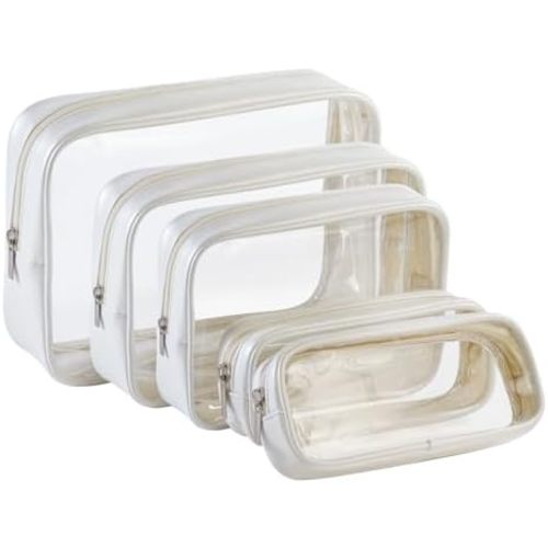 Remobia Hicol TSA Approved 5-Piece Diaper Bag Organizer Pouch Set Clear Waterproof TPU Kids Toiletry Storage Set Travel Packing Clutch Cube Bags for Baby Nursing(Pearl White Leather)