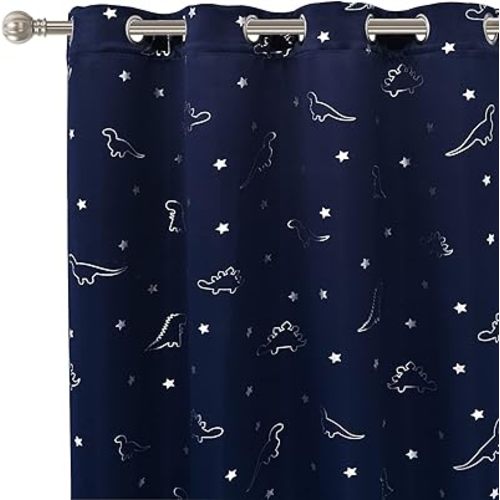 LORDTEX Blackout Curtains, Navy, 52 x 63 Inch, Set of 2 Panels Dinosaur and Star Foil Print, Thermal Insulated Curtains, Noise Reducing Window Drapes, for Kids Room, for Boys and Girls Bedroom
