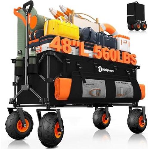 Originsure 300L Collapsible Beach Wagon with Balloon Wheels, 560lbs, Black