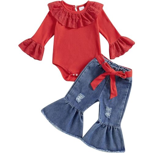 Hnyenmcko Newborn Baby Girl Clothes Ribbed Long Sleeve Ruffle Romper Bell-Bottom Pants Headband Set 3Pcs Fall Winter Outfits