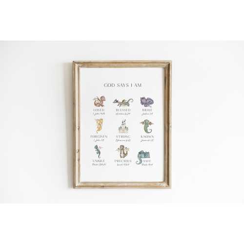 God Says I Am Dragon Nursery Art Watercolor Dragon Art Christian Kids Affirmation Bible Verse Print Fantasy Nursery Baby Room Art XGSI4-A1