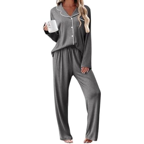 Ekouaer Womens Pajama Sets 2 Piece Long Sleeve Sleepwear Soft Button Down Pjs Lounge Set S-XXL