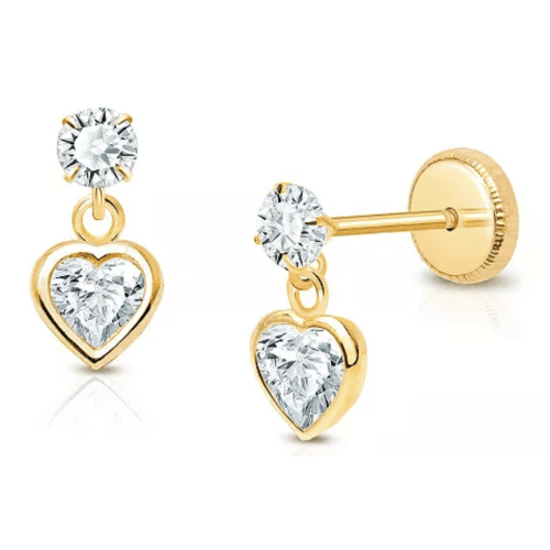 Girls' 14K Gold Fearless Heart Clear Drop Earrings