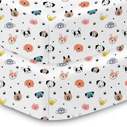 BreathableBaby Cotton Percale Fitted Sheet, for 52" x 28"/132 x 71 cm Crib & Toddler Bed Mattress, Dogs (2-Pack)
