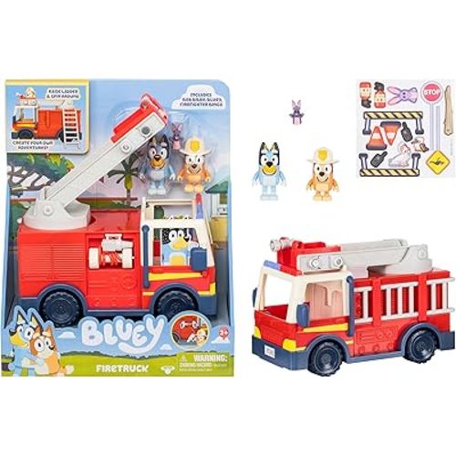 Bluey Firetruck Toy Playset with Firefighter Bingo, Bluey & Bob Bilby, Toddler Fire Truck w/ Spinning Ladder, Water Hoses for Kids Ages 3+