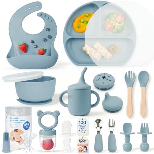 Remonda 23-Piece BPA-Free Baby Silicone Feeding Set | Extra Large Suction Plates, Toddler Bowls, Self Feeding Spoons, and More | Dishwasher Safe| Infant Led Weaning Supplies (Blue)