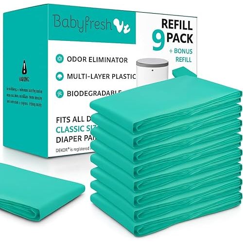 Nine-Pack Diaper Pail Refill Bags Holds 5000 Diaper – Extra-Thick Multi-Layer with Fresh Scent to Control Odors - Compatible with Traditional-Sized Diaper Pails - Durable Diaper Pail Liner Refill