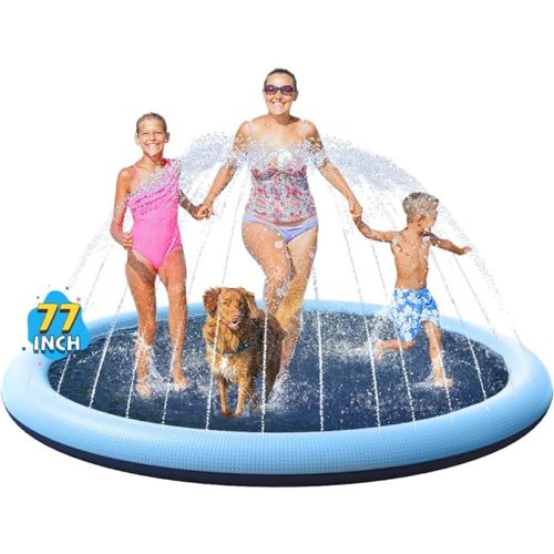 VISTOP Non-Slip Splash Pad for Kids and Dog, Thicken Sprinkler Pool Summer Outdoor Water Toys - Fun Backyard Fountain Play Mat for Baby Girls Boys Children or Pet Dog (77 inch, Blue&Blue)