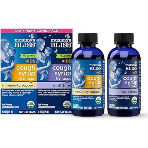Mommy's Bliss Organic Cough Syrup & Mucus for Kids, Day and Night Combo Pack with Vitamin C and Immunity Support, Contains Organic Honey and Ivy Leaf, 4 Fl Oz (Pack of 2)