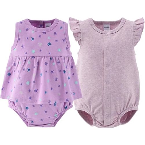 The Peanutshell Baby Girl Rompers 2 Pack - 100% Cotton Clothes and Dresses for Newborn, Infant and Baby Girls - Lilac Stars