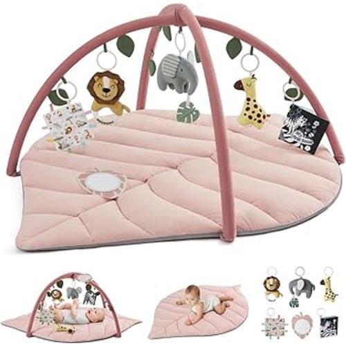 Blissful Diary Baby Play Gym & Activity Mat, Oversize Leaf Shaped Tummy Time Baby Play Mat w 6 Detachable Toys Promotes Motor Skills & Sensory Development, Newborn Infant Essentials Gift, Crystal Pink