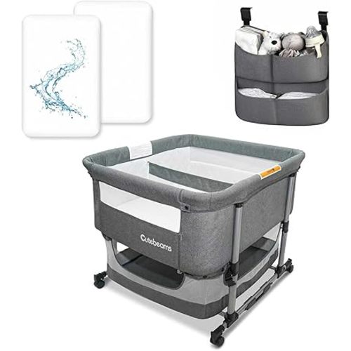 Twin Bassinet for 2 Babies with 2-Pack Waterproof Sheets and Hanging Diaper Organizer, Bedside Double Bassinet for Twins, Rocking Bassinet for Baby with Storage Basket, Includes Mattress