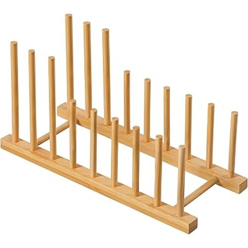 HBlife Heighten and Widen Bamboo Dish Drying Rack Plate Bowl Cup Book Pot Lid Cutting Board Stand Drainer Storage Holder Organizer for Kitchen Cabinet