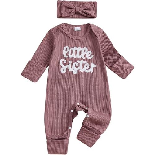 allshope Infant Baby Girl Fall Outfit Sweatshirt Romper Little Sister Lil Sis Long Sleeve Jumpsuit Newborn Clothes