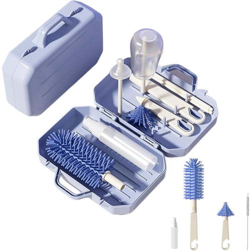 Travel Baby Bottle Cleaner Kit: 6 in 1 Extendable Silicone Baby Bottle Cleaner Brush Set with Drying Rack, Nipple Brush,Straw Brush,Soap Dispenser, Organizer Case, Baby Travel Essential (Blue)