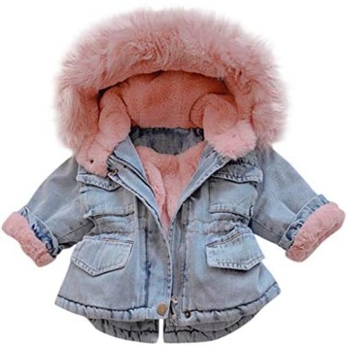 Toddler Baby Girls Denim Jacket Winter Coat Hooded Fleece Lined Thickened Warm Outerwear Jean Jacket Outerwear Snowsuit