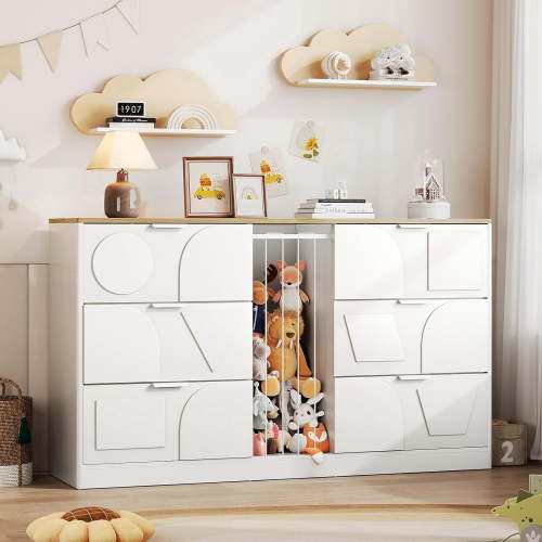 6 Drawer Dresser for Bedroom, 58.1" Wide Wooden Dresser with Geometric Patterns for Kids, Large Dressers & Chests of Drawers for Storing Toys and Yoga Mat, White Dresser