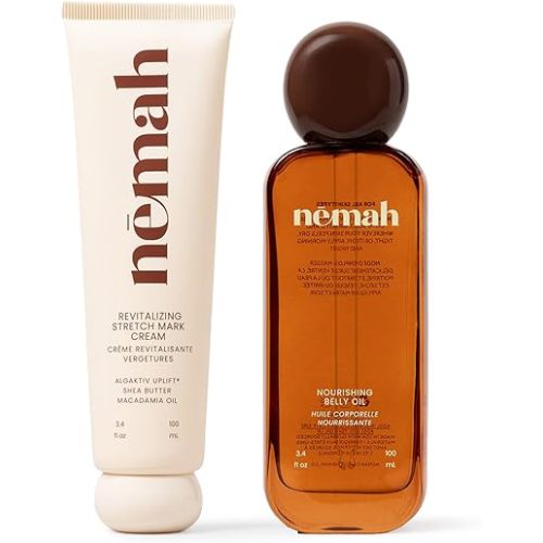 Nemah Stretch Mark Cream And Belly Oil For Pregnancy, Pregnancy Stretch Mark Routine, Algaktiv UpLift Cream With Shea Butter Macadamia Oil Plus Quick Dry Jojoba Coconut Hemisqualane Oil, 2 Piece Set