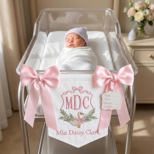 Personalized Baby Name Banner – Embroidered Hospital Door Sign, Custom Nursery Banner, Monogram Baby Announcement, Baby Shower Gift