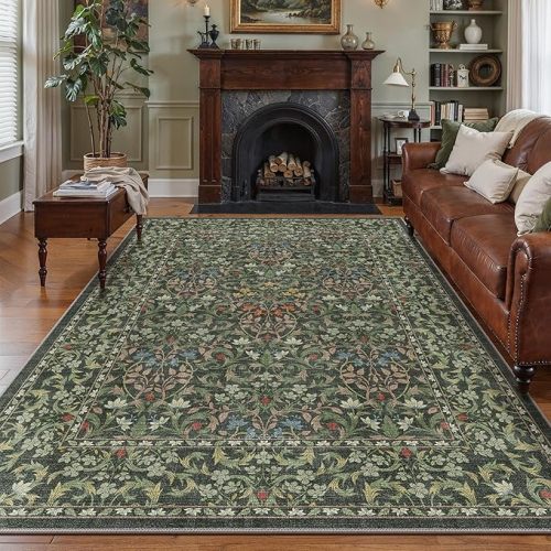 Bavni 9x12 Area Rugs for Living Room, Floral Rug Machine Washable Non Slip, Vintage Boho Forest Carpet, Soft Low Pile Thin Lightweight Rugs for Bedroom, Farmhouse, Dining Room Office, Emerald Green