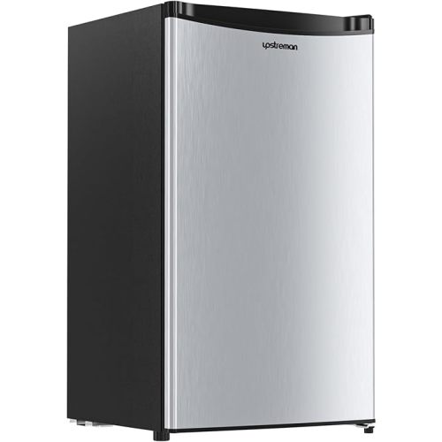 Upstreman 3.2 Cu.Ft Mini Fridge with Freezer, Single Door Mini Fridge, Dorm Fridge, Adjustable Thermostat, Mini Refrigerator for Dorm, Office, Bedroom, Stainless Steel-SR321