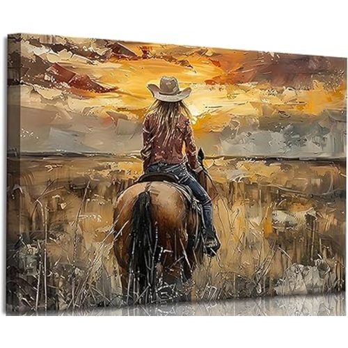 OCRXLYTH Western Cowgirl Riding Horse Canvas Wall Art Cowgirl Wall Decor Pictures Sunset Countryside Landscape Painting Print Vintage Artwork for Living room bedroom country decoration 12x16