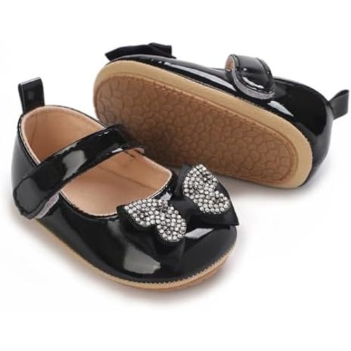 Clowora Infant Toddler Baby Girl Dress Shoes Mary Jane First Walking PU Leather Princess Wedding Rubber Sole Non-Slip with Bowknot Floral Flats
