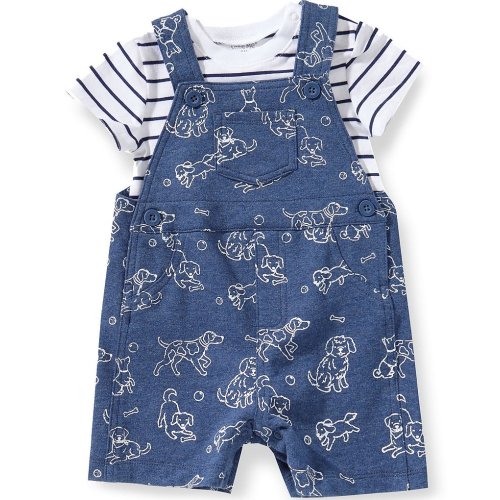 Little Me Baby Boys Organic Cotton Sleeveless Puppy Shortall & Short-Sleeve Striped T-Shirt Set