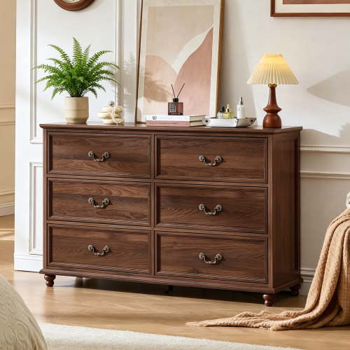 Buildhom 54" Farmhouse 6-Drawer Dresser, Rustic Wood Chest with 4 Legs for Adult Bedroom, Brown