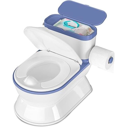 2-in-1 Toddler Potty Training Toilet - Larger Potty Chair & Detachable Training Seat for Boys & Girls Ages 1-3 with Flushing Sound, Wipes Storage, Toilet Paper Holder - Blue