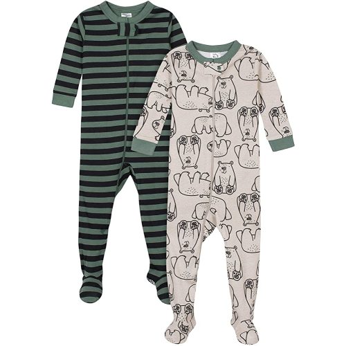 Gerber Baby Boys 2-Pack Footed Pajamas, Bear Green Stripes White, 12 Months