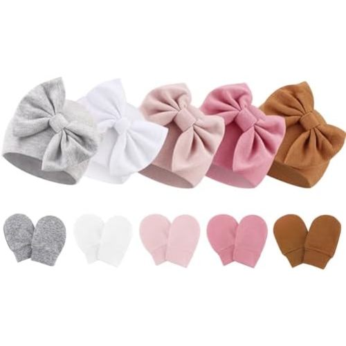 Newborn Baby Hats and Mittens Set Infant Bow Beanie Cap Toddler Gloves Newborn Hospital Hats for Baby Boy Girl 0-6 Months