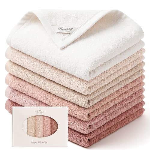 Konssy 6-Pack 100% Cotton Terry Face Cloths, Soft Wash Cloths for Women | 12" x 12", Absorbent & Reusable Facial Towels for Makeup Removal, Cloth for Washing Face, Hanging Loop, for Sensitive Skin