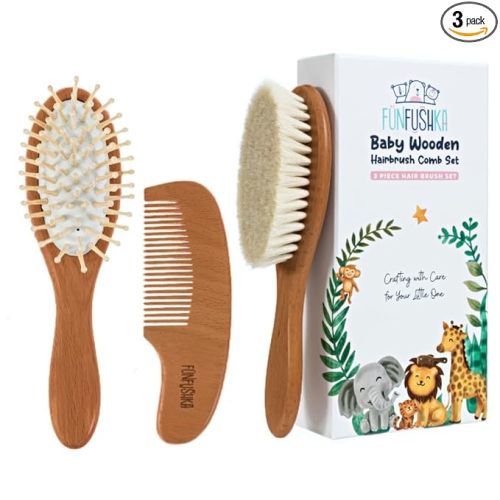 Baby Wooden Hair Brush and Comb Set for Newborn Toddler - Natural HairBrush with Soft Goat Bristle for Girl and Boy, Perfect for Cradle Cap (Oak)