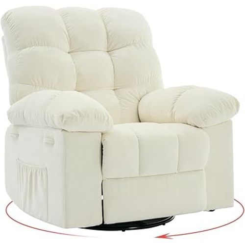 Rocking Recliner Chair with 360° Swivel, Upholstered Fabric Glider Recliner with Side Pockets, q235 Steel Frame Single Sofa for Living Room, Nursery & Small Spaces