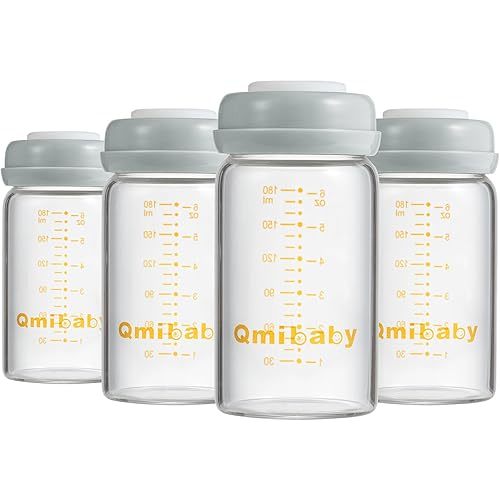 Glass Breastmilk Storage Bottles 180ml 6oz BPA-Free Leak-Proof Natural Baby Bottle for Breastmilk Storage Wide Neck Bottles with Screw Ring Sealing Disk Breastfeeding (Grey, 180ml-4Packs)