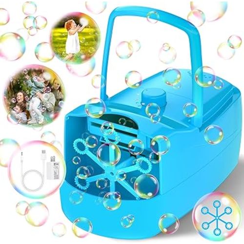 Bubble Machine, Automatic 18000+ Per Minute Big Bubbles Blower Maker for Kids Toddlers with 2 Speeds,6 Wands,Operated by Plugin or Batteries for Outdoor/Indoor Birthday Parties,Wedding (Blue)