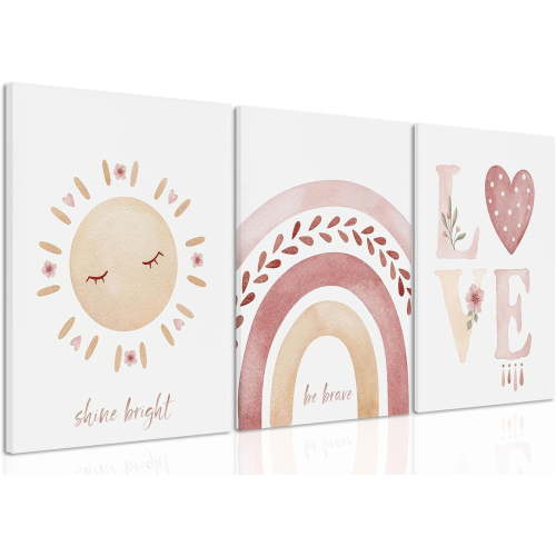 Hieng Nursery Canvas Wall Art Boho Cute Kids Room Pictures Wall Decor Pink Sun Rainbow Hearts Posters Painting Prints For Children Toddlers Baby Girl Bedroom Girls Room(Only canvas)