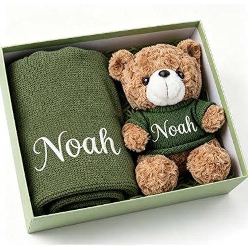Personalized Baby Blanket with Optional Teddy Bear, Custom Knit Baby Blanket with Embroidered Name, Personalized Baby Gifts for Boys Girls, Unisex for Newborn