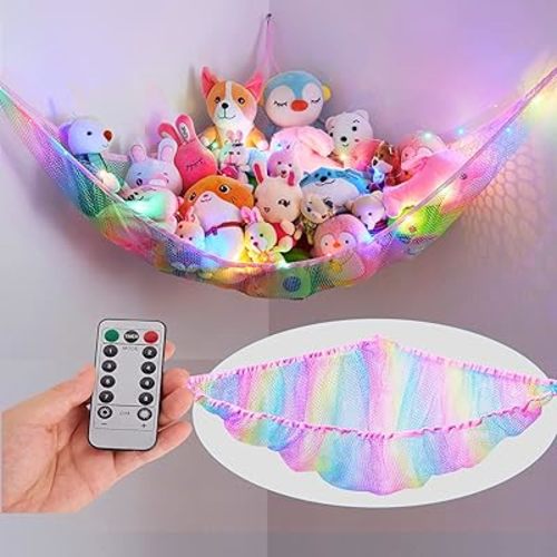 Unicorn Castle Stuffed Animals Net Hammock Kids Toy Storage with LED Light Plush Toy Organizer Corner Hanging Stuffed Animals Holder For Nursery Kids Girls Room Decor