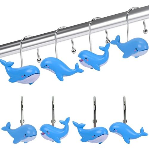 12pcs Whale Shower Curtain Hooks, 4 Styles Cute Whale Decorative Shower Curtain Hangers, Rust Proof Bathroom Accessories for Ocean Theme Bathroom Bedroom Living Room, Kids Bathroom Decor (Blue)