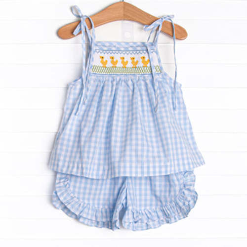 Duckling Dash Smocked Ruffle Short Set, Blue – Stitchy Fish