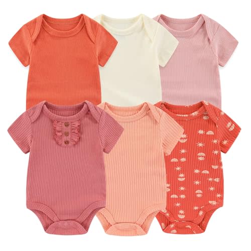 Ruliby Baby Bodysuit 6 Pack Soft Mixed Ribbed Short Sleeve Romper Infant Boy Girl Clothes Set
